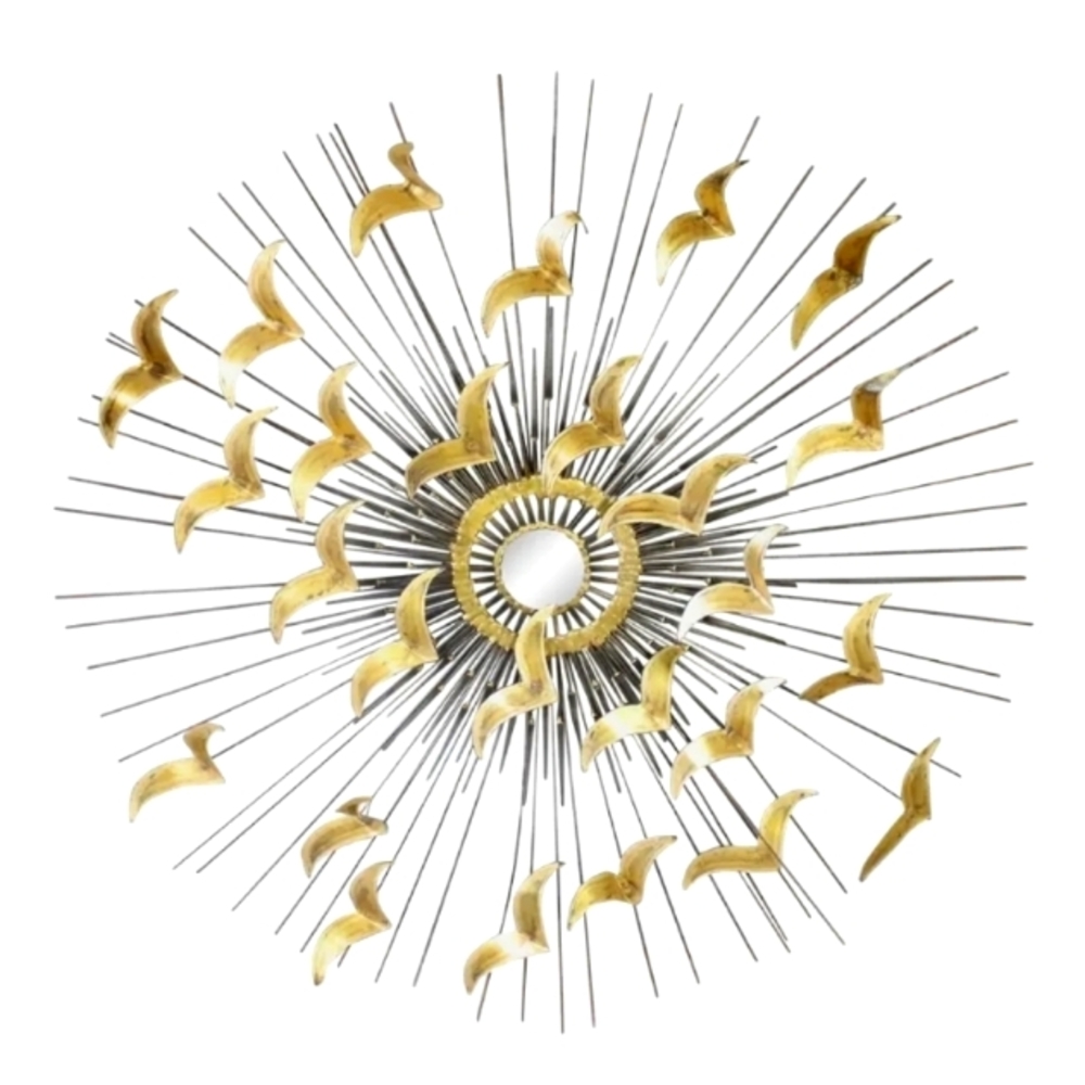 Vintage mid century Brutalist sunburst birds in flight brass metal sculpture wal